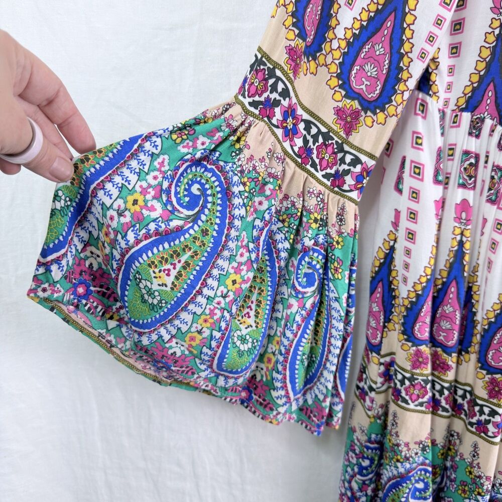 umgee paisley boho babydoll mini dress bell sleeves button front colorful size m - Picture 6 of 9